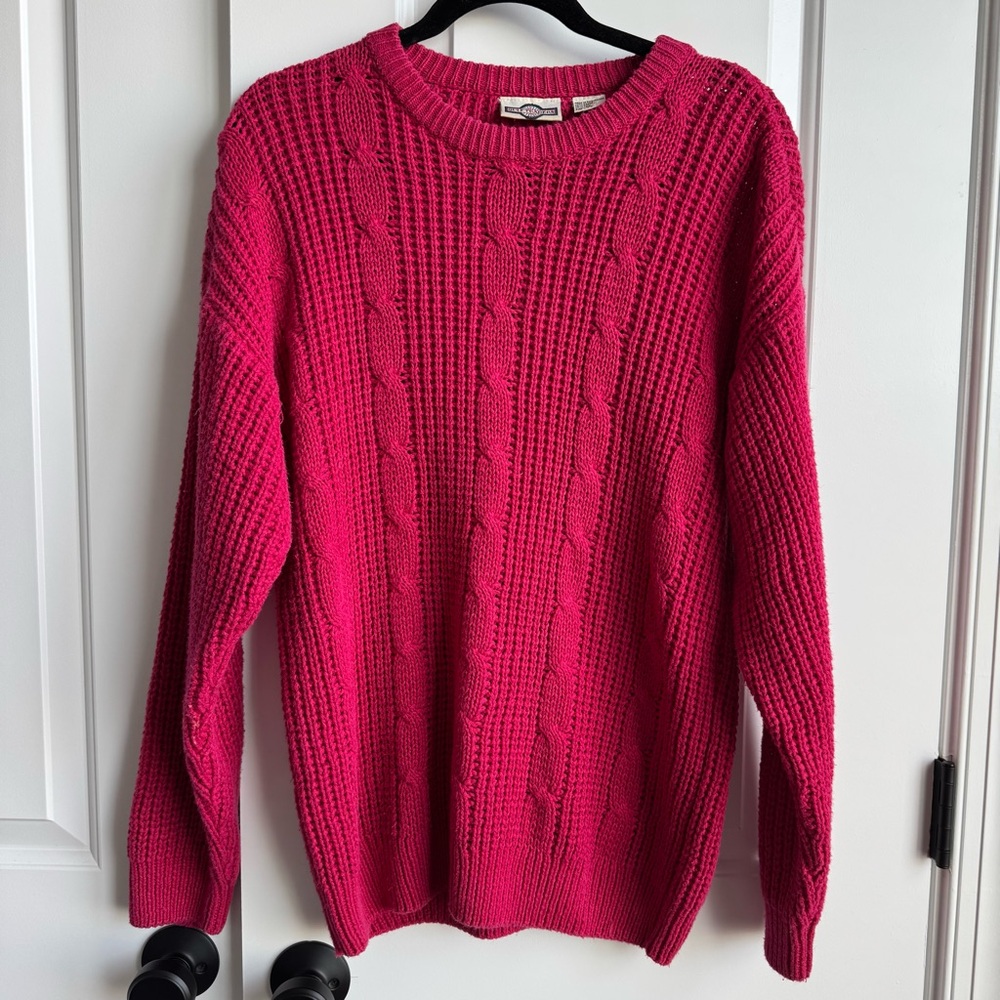 Vtg Gulf Traders Fuchsia Pink Cable Knit Sweater